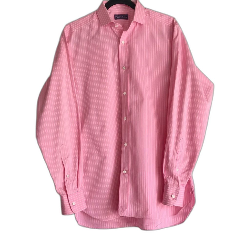 Ralph Lauren Purple Label Pink Shirt Thin White Stripes Men’s Size 15.5